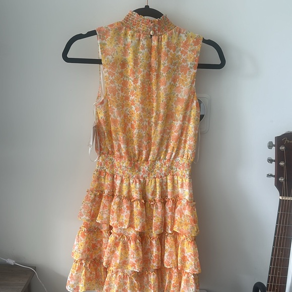 NWT 1 State Mini Dress Yellow Floral Tiered Smocked Ruffle Mock Neck Chic - Picture 4 of 6